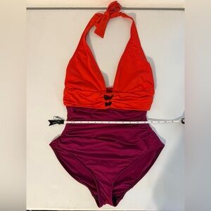 Ralph Lauren Women's Size 12 Halter One Piece Swimsuit Red Purple Tummy Control
